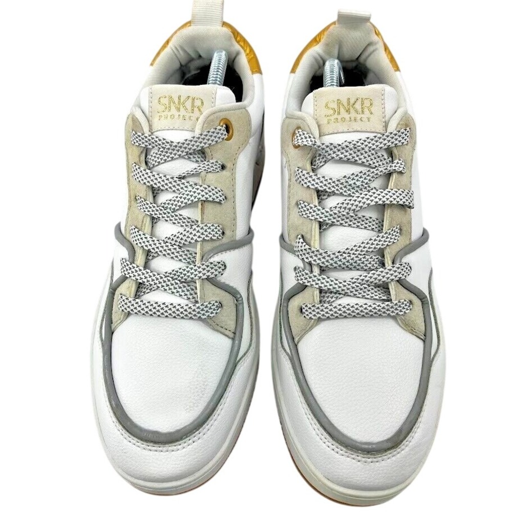 SNKR Project Men's Lafayette Leather Low Top‎ Lace Up, White & Gold Size 9.5